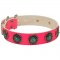 Pink Leather Belgian Malinois Collar with Circles for Dog Walking