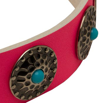 Pink Belgian Malinois Collar Leather with Blue Stones