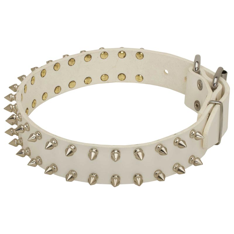Spiked White Leather Belgian Malinois Collar for Fashion Walking